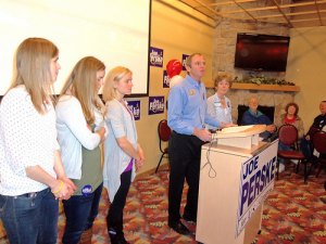 photo by Dennis Dalman Joe Perske is flanked by his family as he formally kicks off his campaign Feb. 1 for the Sixth U.S. Congressional seat. His daughters (left to right) are Greta, Jenna and Michaela. His wife, Janet, is at right.