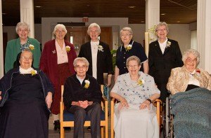St. Scholastica Convent recognized its Jubilarians May 21. They are (front row, left to right) Sisters Gretchen Jumbeck, Shaun O'Meara, Jean Gibson and Hildebrand Eickhoff; Sisters Merle Nolde, Louise Koltes, Michaela Hedican, Dorothy Heinen and Maribeth Theis.