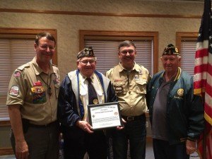 contributed photo The American Legion Post 277 from Sartell was honored May 6 by Central Minnesota Boy Scouts Council as Charter Organization of the Year for their sponsorship of Troop 11 from Sartell. Pictured (left to right) are the following: Bob Reuter, district director of Central Minnesota BSA; Florian Mastey, Sartell, Legion commander; John Burnett, Sartell, scoutmaster Troop 11 and Legion member; and Dick Clemens, Sartell, Legion member. Michelle Miller of Sartell from Troop 11 was also honored with the District Award of Merit for her contributions to scouting and the St. Francis Xavier Church community.