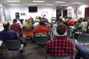 photo by Logan Gruber A crowd of about 30 people from across district 13A came to ask questions of Jeff Howe and Emily Jensen during the League of Women Voter's forum.