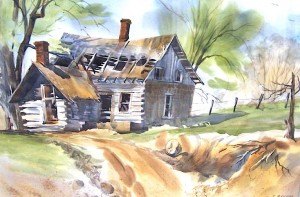 contributed photo Watercolor artist Mick Benson loves to paint the effects of time on old things, such as this log house ravaged by time and neglect. 