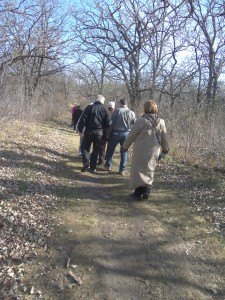 photo by Dennis Dalman A tour group walks down one of the many interconnected paths during a hiking tour Nov. 2 at Sauk River Regional Park.