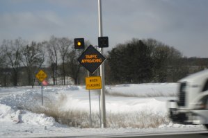 photo by Logan Gruber The new warning system indicates, accurately, that a semi is heading towards Minnesota Street on Highway 2. 