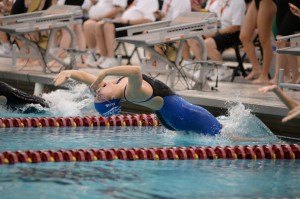 contributed photo Sabre swimmer Anna Ellis, a ninth-grader, leads off the 200-yard medley relay at the state swim tournament last week at the University of Minnesota Aquatic Center. The girls placed third in that relay. Ellis also finished third in the 100-yard backstroke, third in the 400-yard freestyle and ninth in the 200-yard individual medley. 