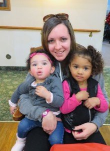 photo by Cori Hilsgen Katie Klemenhagen and her two daughters (left to right) Mykah,1, and Ke'myia, 3, attended the party and visited with their grandmother and great-grandmother resident Dorothy Boals. The Klemenhagens live in Alexandria. 