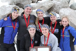 photo by David Eickhoff The girls Nordic Ski team took ?? at the section 8 competition at MapleLag in Detroit Lakes on Feb. 3. Pictured, from left to right, are: Back: Maggie Baumann, Haley Anderson, Lauren Bucholz, Anna Lindell and Madily Fesenmaier. Front: Mackenzie Dockendorf and Rachel Eickhoff.