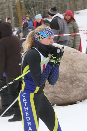 photo by David Eickhoff Anna Lindell, Sartell, had frozen eyelashes at the section 8 competition at MapleLag in Detroit Lakes on Feb. 3.