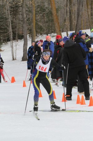 photo by David Eickhoff Rachel Eickhoff heads down the track during sections at MapleLag on Feb. 3.