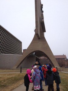 contributed photo St. Francis Xavier students walk toward the Abbey Church for a tour after watching a CLIMB Theatre presentation. 