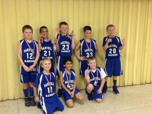 contributed photo The Sartell White 4th Grade Boys Basketball team went 3-0 to win their division at the Braham Bombers Annual Basketball Tourney, Jan. 25.  Team members are (front row, left to right) Drew Geiger, Kaden Brook, Luke Ambrosier; and (back row) Logan Legatt, Kelechi Nwachukwu, Anthony Mahowald, Cole Hentges, Alec Martins. Not pictured: Nick Stone.