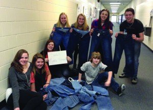 contributed photo Sartell Middle School students and staff including those pictured here (left to right) Sierra Moore, Avery Atkinson, Taylor Boese, Noah Snider, Eryn Kramer, Lauren Lindmeier, Sadie Folsom and David Plemel have collected more than 110 pair of jeans for a Teens for Jeans campaign for Youth Experiencing Homelessness. Teens for Jeans is a national campaign in partnership with Aéropostale and DoSomething.org, the largest not-for-profit organization for young people and social change. Teens for Jeans encourages young people across the country to run a jean drive in their school or community to help provide clothing for the more than a million young people experiencing homelessness in the United States every year. One of the most requested items young people in homeless shelters ask for is a pair of jeans. In the past seven years, young people across the country have collected more than 4.3 million pairs of jeans through Teens for Jeans.
