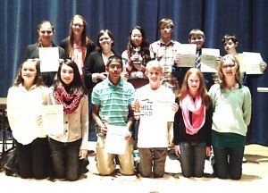 contributed photo Sartell-St. Stephen student participants at the Central Minnesota Science Fair at St. Cloud State University are (front row, left to right) teammates Lydia Anderson and Jaden Nguyen, teammates Janagan Ramanathan and Carter Schumacher, and teammates Ella Krauel and Mallory Daniels. Those are all seventh-graders. In the back row are solo participant ninth-grader Madeline Thieschafer; solo participant (WHAT GRADE?) Elizabeth Ruder; eighth-grade teammates Gillian Orth and Cindy Zhang; (WHAT GRADE?) teammates Jack Hackenmueller, Benjamin Kiewel (not pictured) and Jacob Miller; and (WHAT GRADE?) teammates Elijah Lawson (not pictured) and Bennett Hill. 