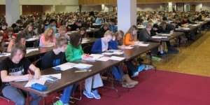 contributed photo A vast roomful of brains toil at math problems during the annual Math Contest at St. Cloud State University. 