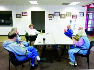 photo by Logan Gruber Mayor Rick Schultz was joined by six residents at his town hall meeting on April 18. From left to right are Steve Frank, Ellen Wahlstrom, Schultz, Jim Graeve, Bob Wahlstrom and Mary Ann Graeve. Not pictured is Lee Zipp, also in attendance.