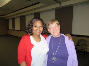 Brenda Myers-Powell (left) and Edwina Gateley spoke recently at the College of St. Benedict about their intersecting lives and their journey to help sex trafficking victims. Myers-Powell was a prostitute for 25 years before coming to Genesis House, started by Gateley. 