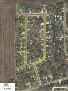 image courtesy of the city of St. Joseph The area outlined in yellow will have a small portion of the street milled away, and a 1-1/2" overlay placed on top, whereas the areas which are filled with diagonal lines will be completely removed and reconstructed.