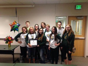 contributed photo Trisha Bemboom celebrated her win with her student council. Pictured, from left to right, are: (back) Mason Rademacher, Logan McLaird, Kayla Kahl and Jeremy Thorson; (front) Olivia Boser, Bemboom, Brittany Schoen, Landon Kobluk, Hayli Marquette and Kaitlin Janson. 