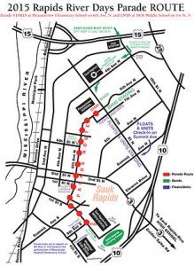 graphic from River Days website. This map shows the route of the River Days Parade in Sauk Rapids. The parade will start on 6th Avenue N. near Pleasant View Elementary School and finish near the middle school. At least 85 units will be featured in the parade, including many high-school bands. 