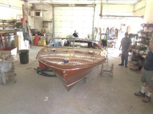 photo by Dennis Dalman Restoration of a 1957 Chris Craft boat is a current project at Little Rock Boat Works in Rice. It can take up to a year to restore just one boat, depending on its condition when it arrives. The work crew do intricate, painstaking restoration right down to the last detail. The boat restorations have won numerous national awards. 