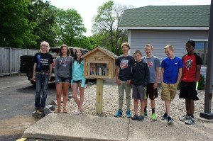 contributed photo Those who participated in the Free Little Library project for Sartell are Sartell Middle School students (left to right) Faith Wannark, Hannah Congdon, Kalley Vande Vrede, Alex Nemeth, Johnny Nemeth, Zach Nemeth, Will Nemeth and Janagan Ramanathan. This photo was taken by the office of Nemeth Orthodontics, where one of the library’s was installed. 