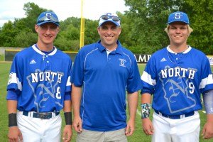 contributed photo Sartell graduates Ben Bierscheid (left) and Isaac Dammen (right), with high school Coach Jerome Nemanich, represent Sartell on the North All-Star Team during opening ceremonies of the Minnesota High School All-Star Series held June 18-20 in Chaska, Minn.